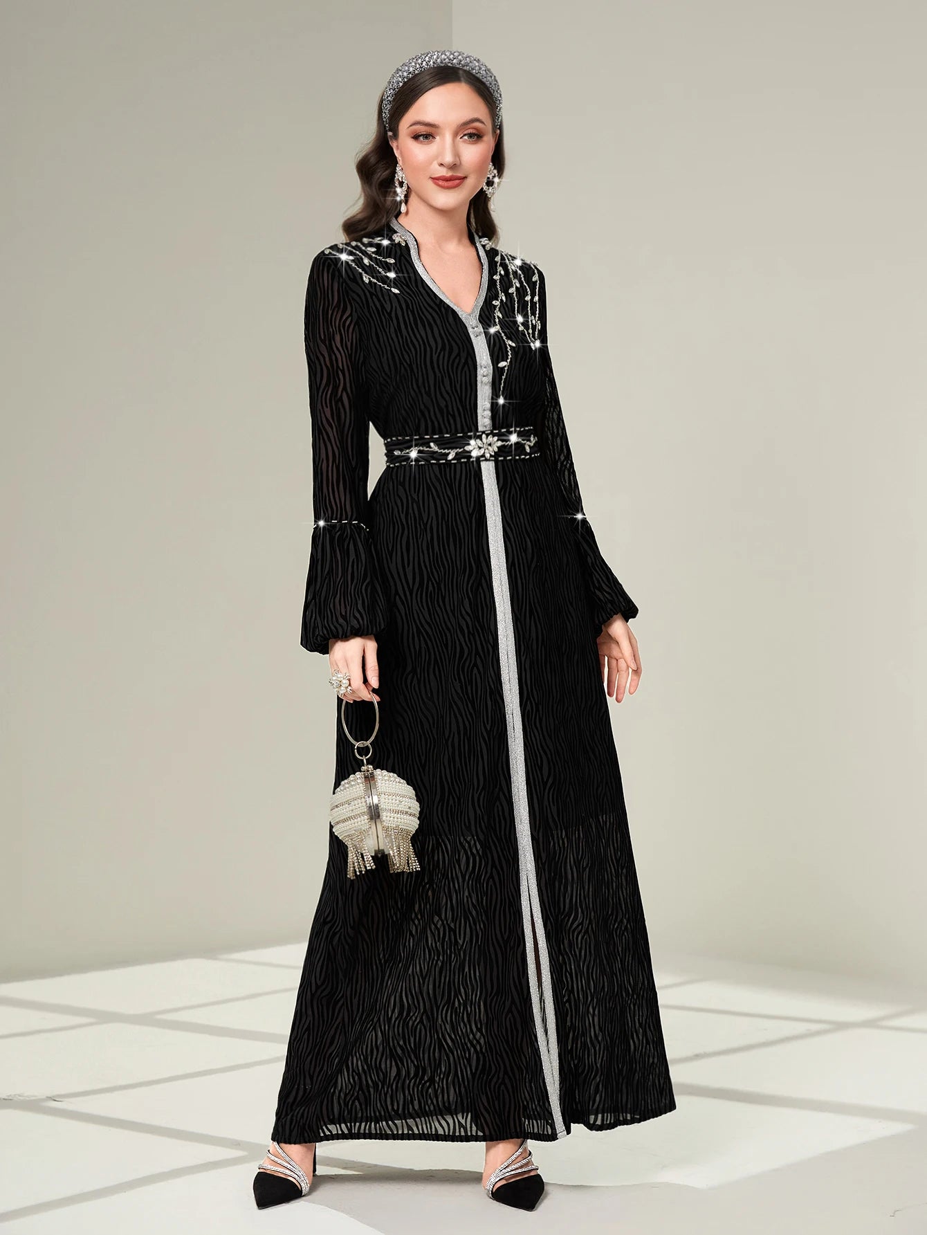 Handstitched Rhinestone Beaded Arabic Robe Vintage Class Dubai Abaya Dress Ramadan Eid-al-Adha 2024 Party Wears