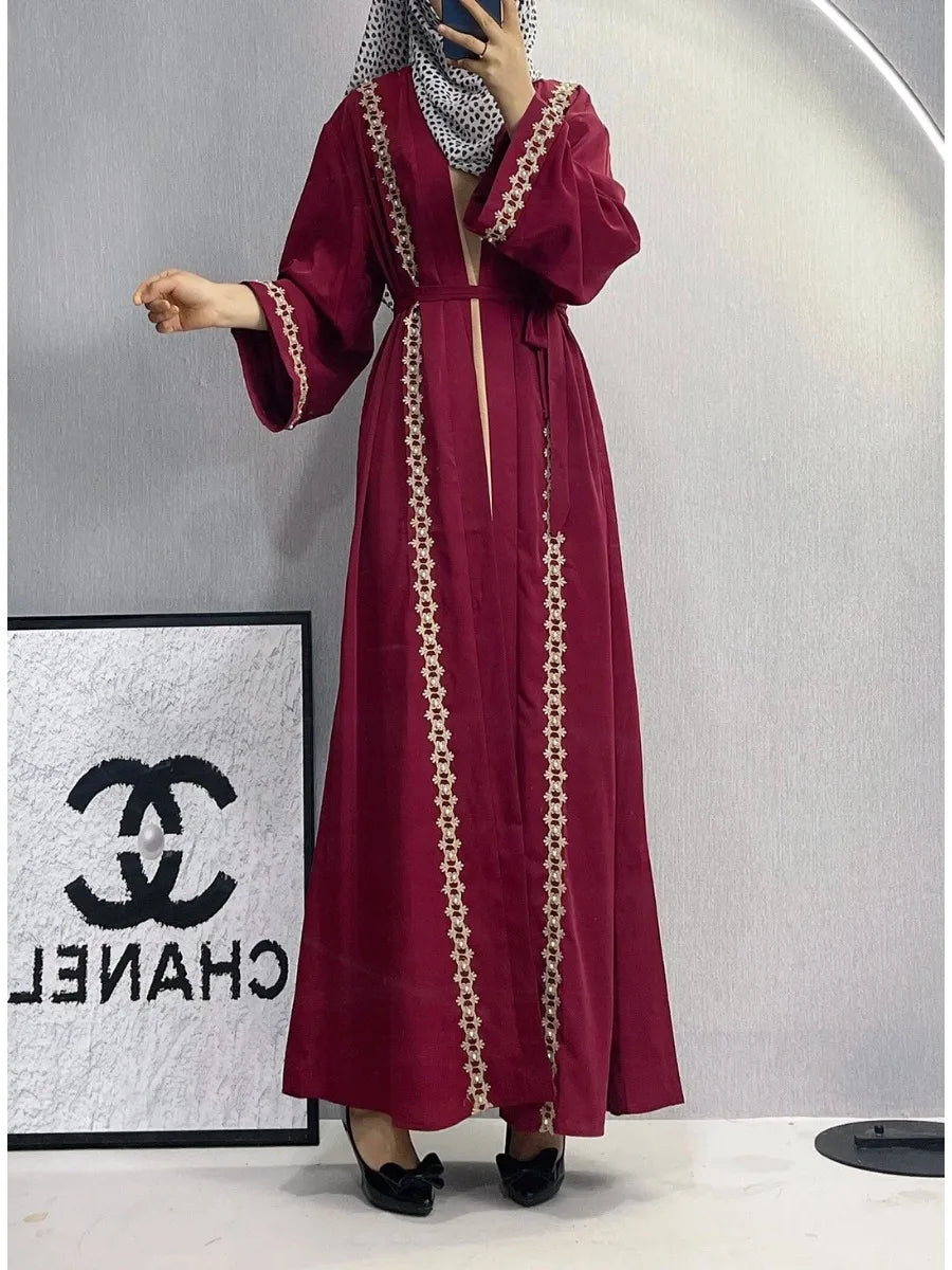 Women Eid Muslim Dubai Cardigan Embroidery Abayas Ramadan Saudi Arabia  Abaya  Vestidos Modest Long Robe Patchwork Belt