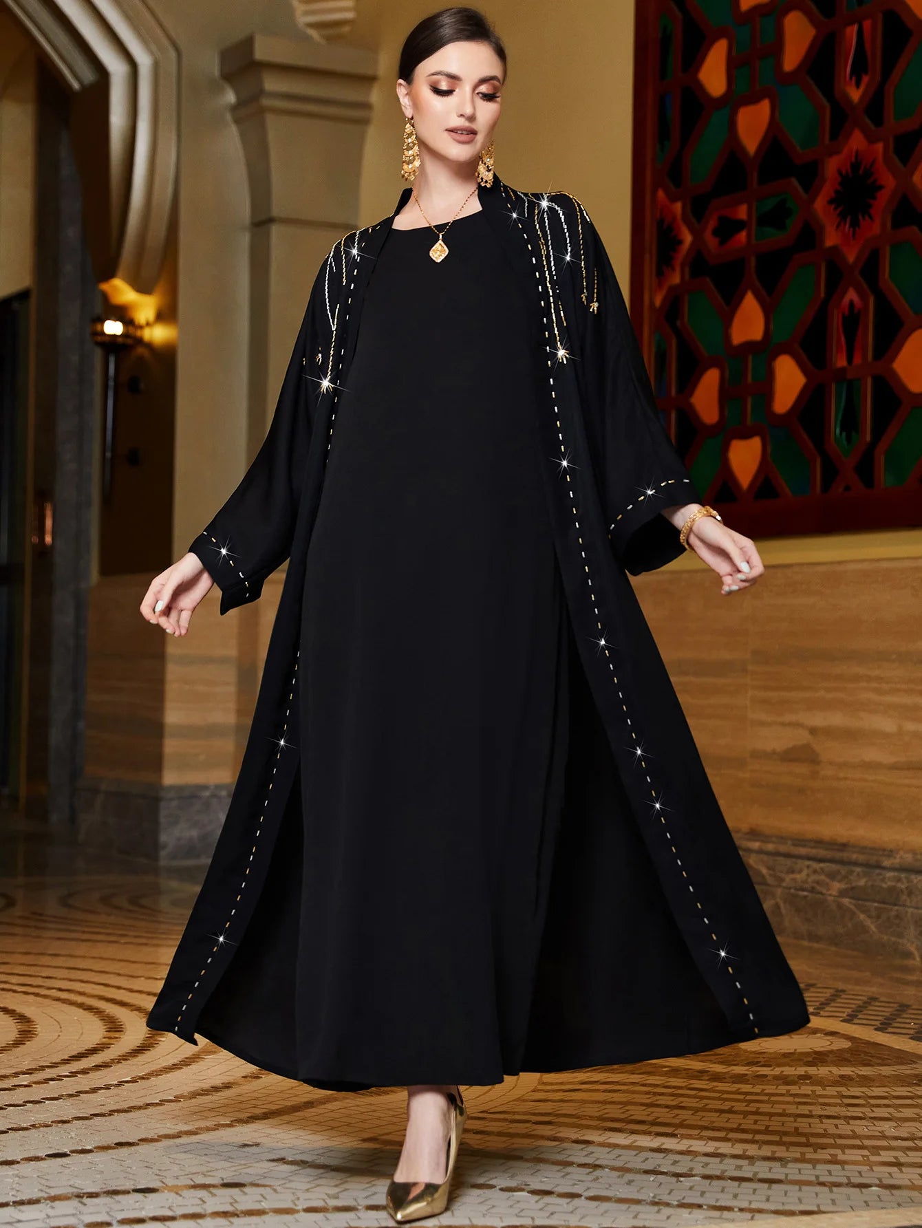 Ramadan Moroccan Muslim Robe with Black Hand Sew on Rice Bead Satin, Dubai, Saudi, Arabian Robe, Islamic Overlay Abaya, Turkish