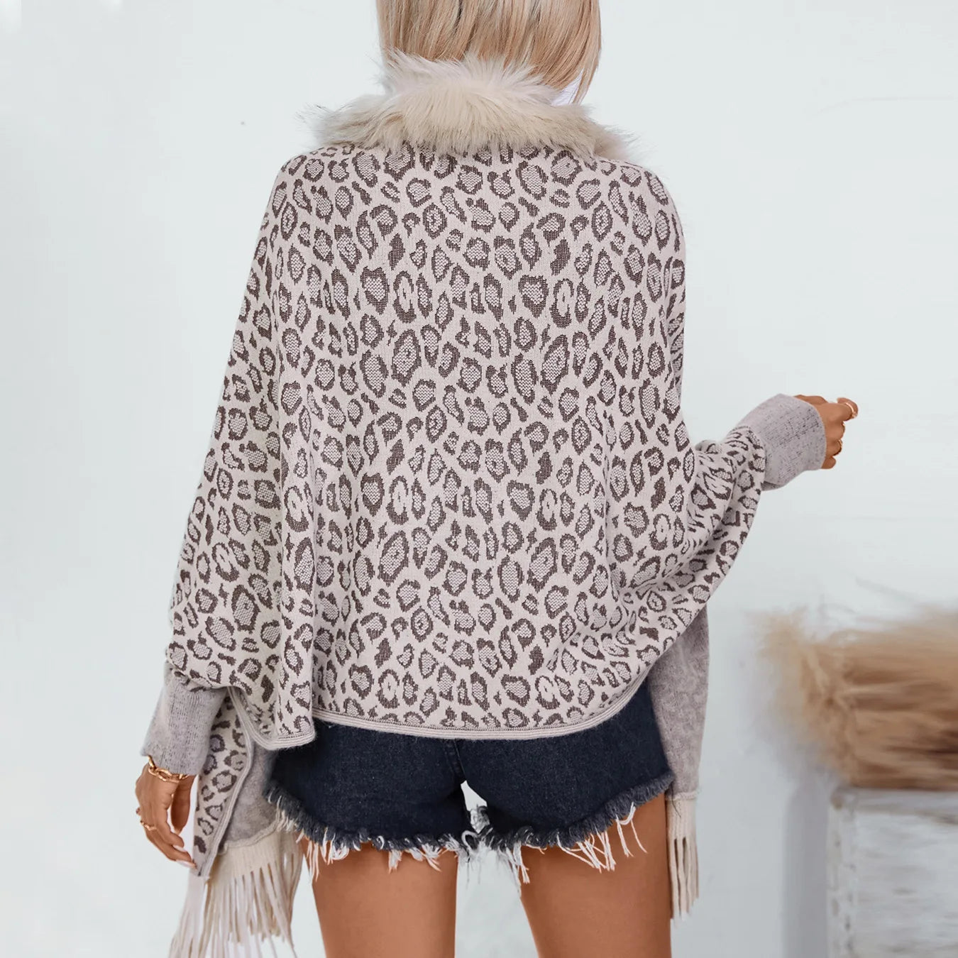 Leopard Print Fur Collar Knitted Shawl 2024 Autumn Winter Loose Bat Sleeves Tassel Sweater Cape Cardigan for Women