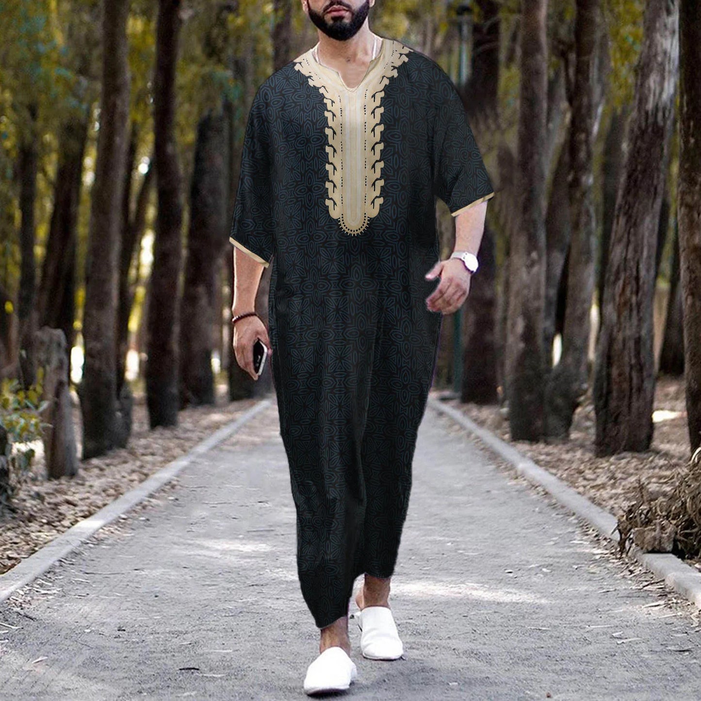 2023 Muslim Men's Robe Arab National Loose Casual V-Neck Mid Sleeve Retro Muslim Men's Jumpsuit Summer M-4XL