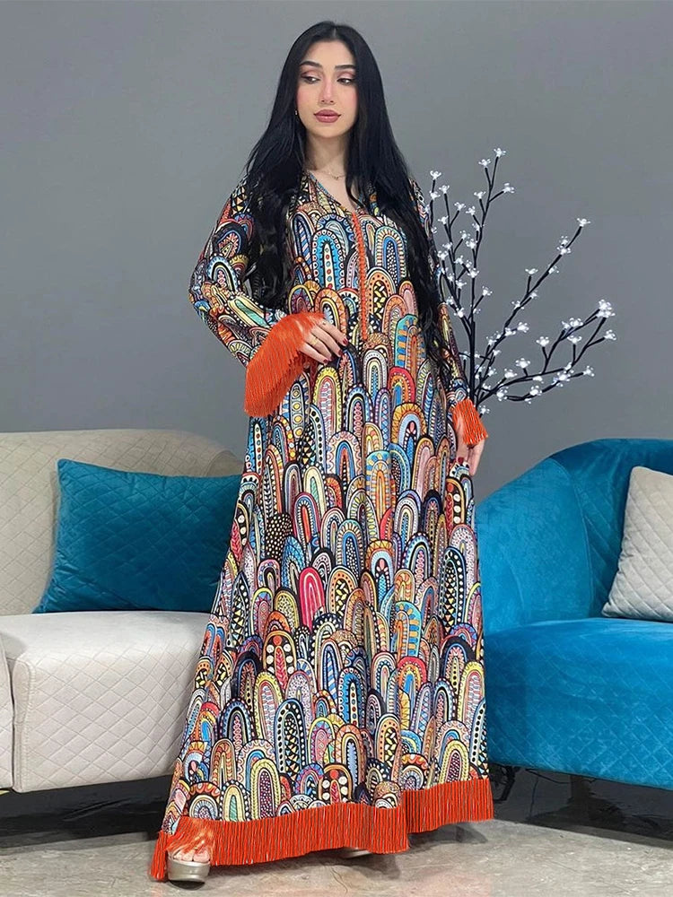 Turkey Muslim Women Long Dress Moroccan Kaftan Beadig Maxi Vestidos Tassel Robe Femme Musulman Prayer Garment Islamic Clothing