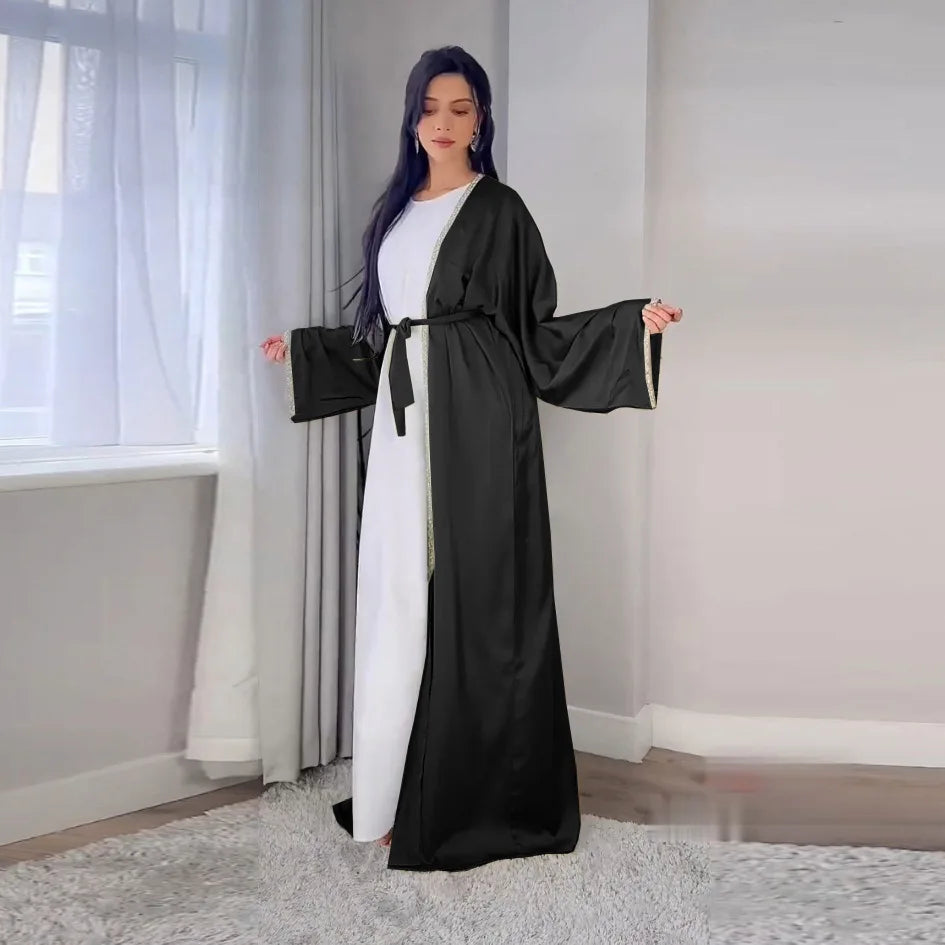 Luxury Crystal Kaftan 2 Piece Sets Muslim Abaya Women Satin Long Dress Islam Clothing Ramadan Eid Dubai Robe Morocco Jalabiya