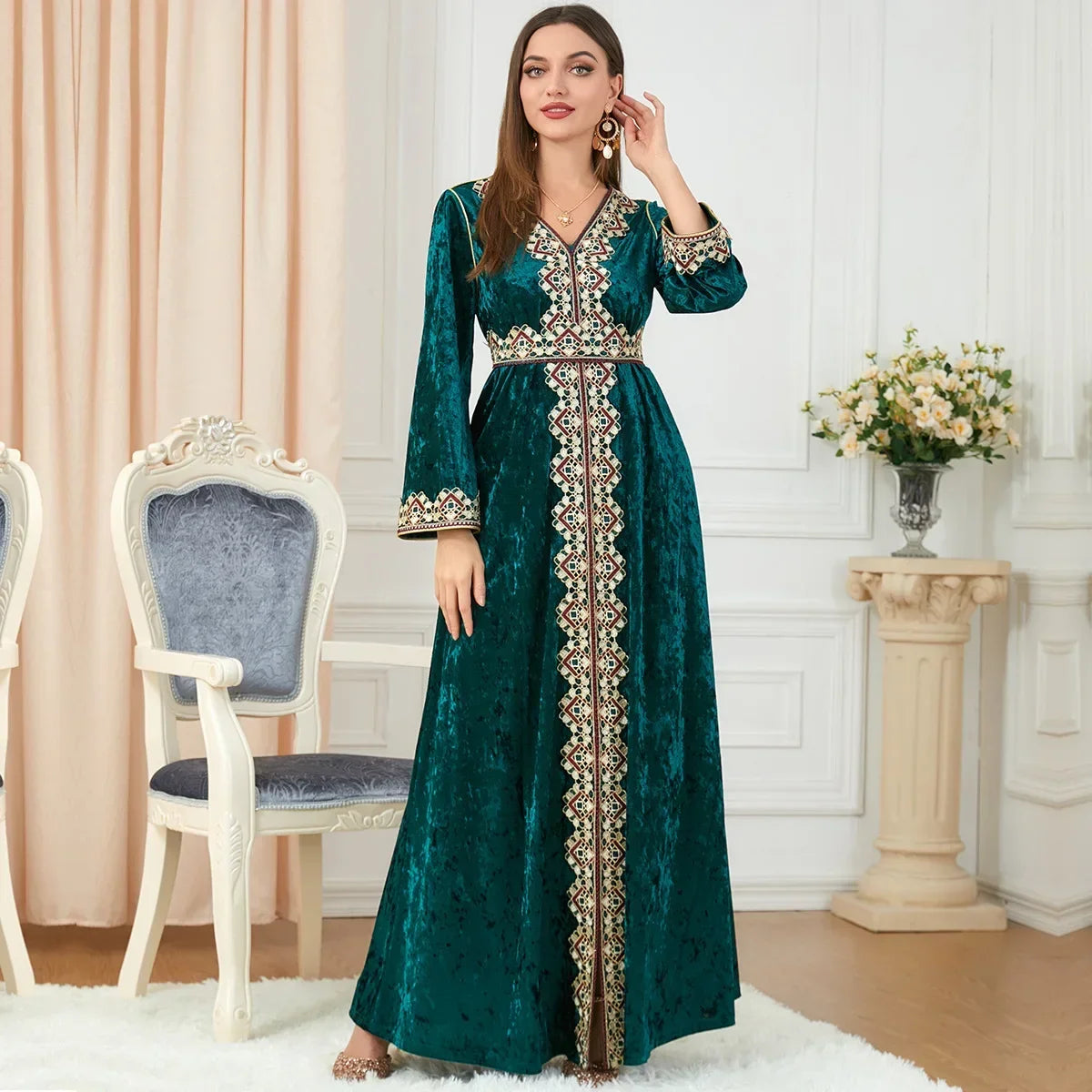 Muslim Abayas for Women Light Luxury Dubai Indian Dress Muslim Corduroy Dress Embroidered Dress Fashion Slit Long Sleeves Dress