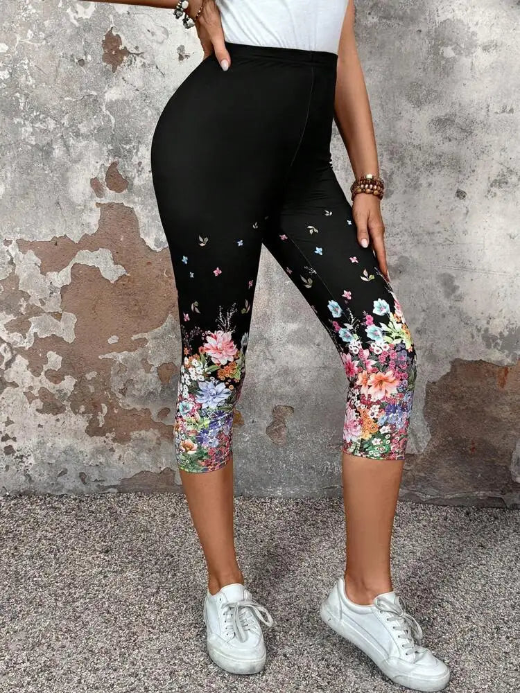 Floral print elastic elastic waist slim-fit women's leggings casual skinny capri pants