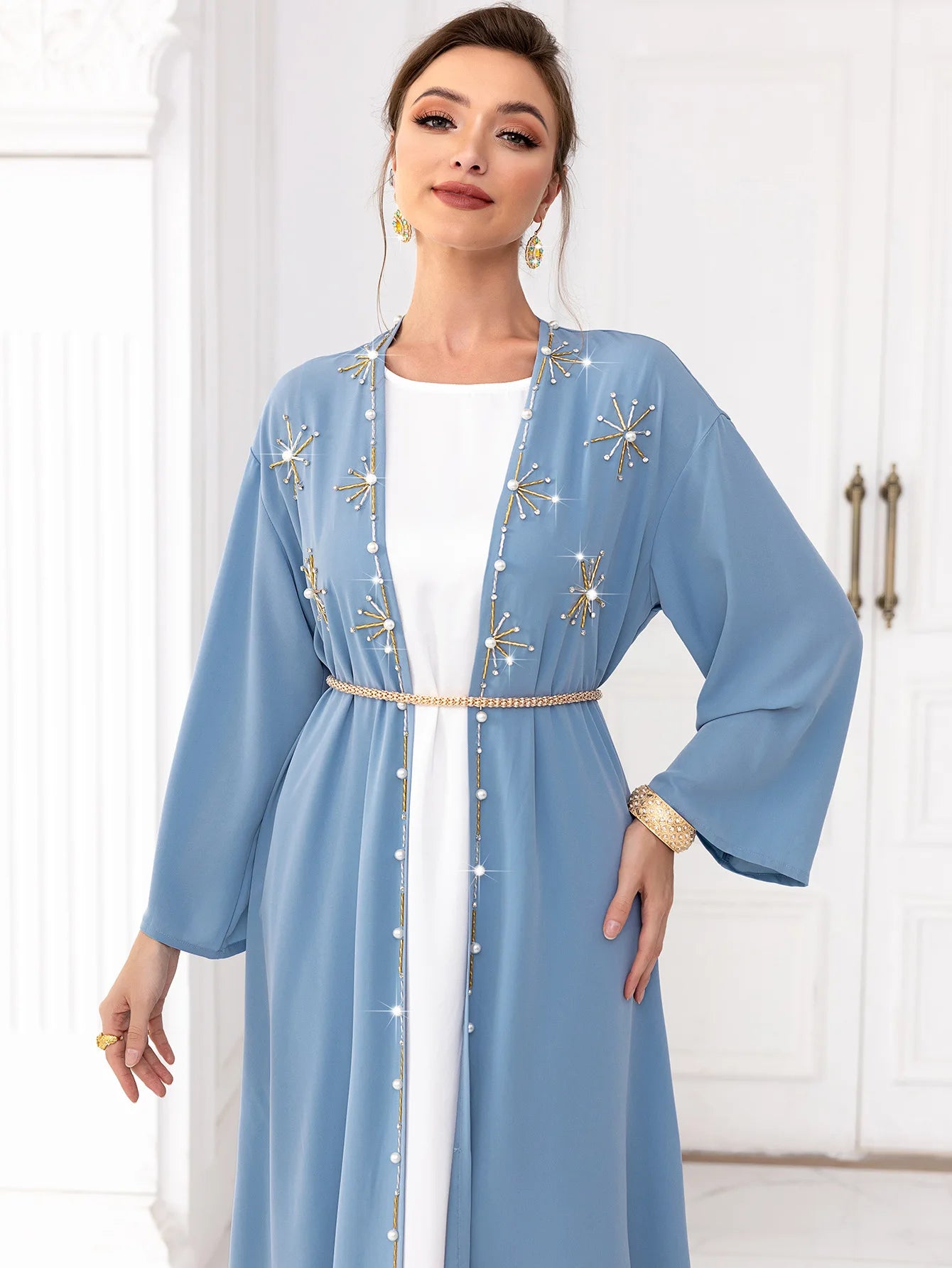 Dubai Women Long Abaya Open Kimono Cardigan Middle East Islamic Maxi Robe Class Luxury Rhinestone Arabic  Dubai