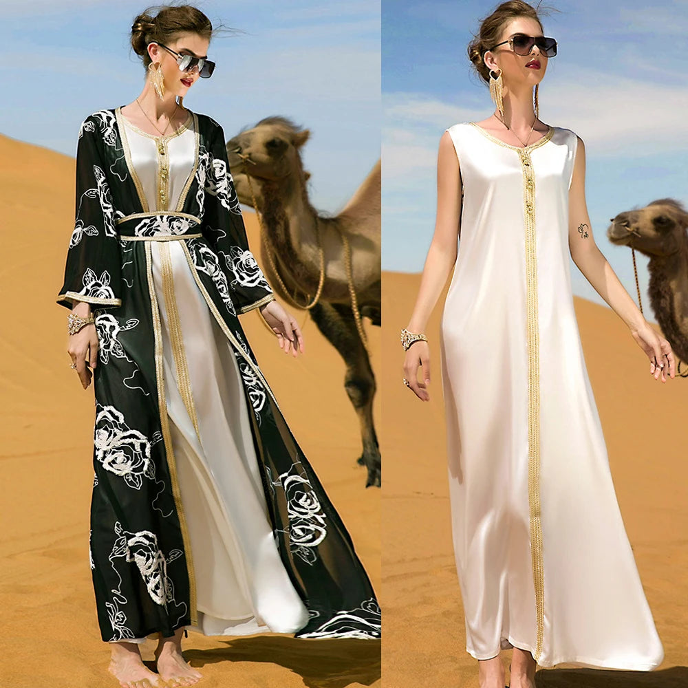 2 Pieces Set Open Abaya Embroidery Sleeveless Maxi Dress Outfits Muslim Women Kimono Jalabiya Belted Kaftan Dubai Turkey Robe