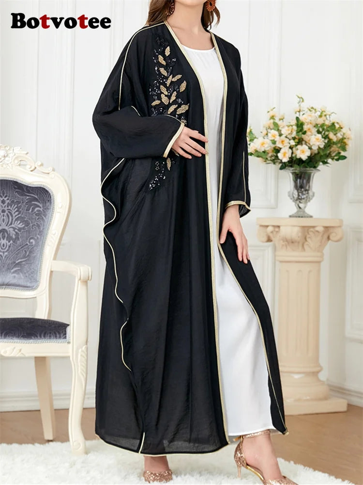 Botvotee Appliques Muslim Fashion Abaya for Women 2024 New Fashion Casual Batwing Sleeve Abaya Elegant Spliced Long Sleeve Abaya