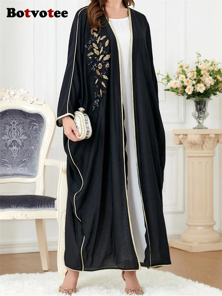 Botvotee Appliques Muslim Fashion Abaya for Women 2024 New Fashion Casual Batwing Sleeve Abaya Elegant Spliced Long Sleeve Abaya