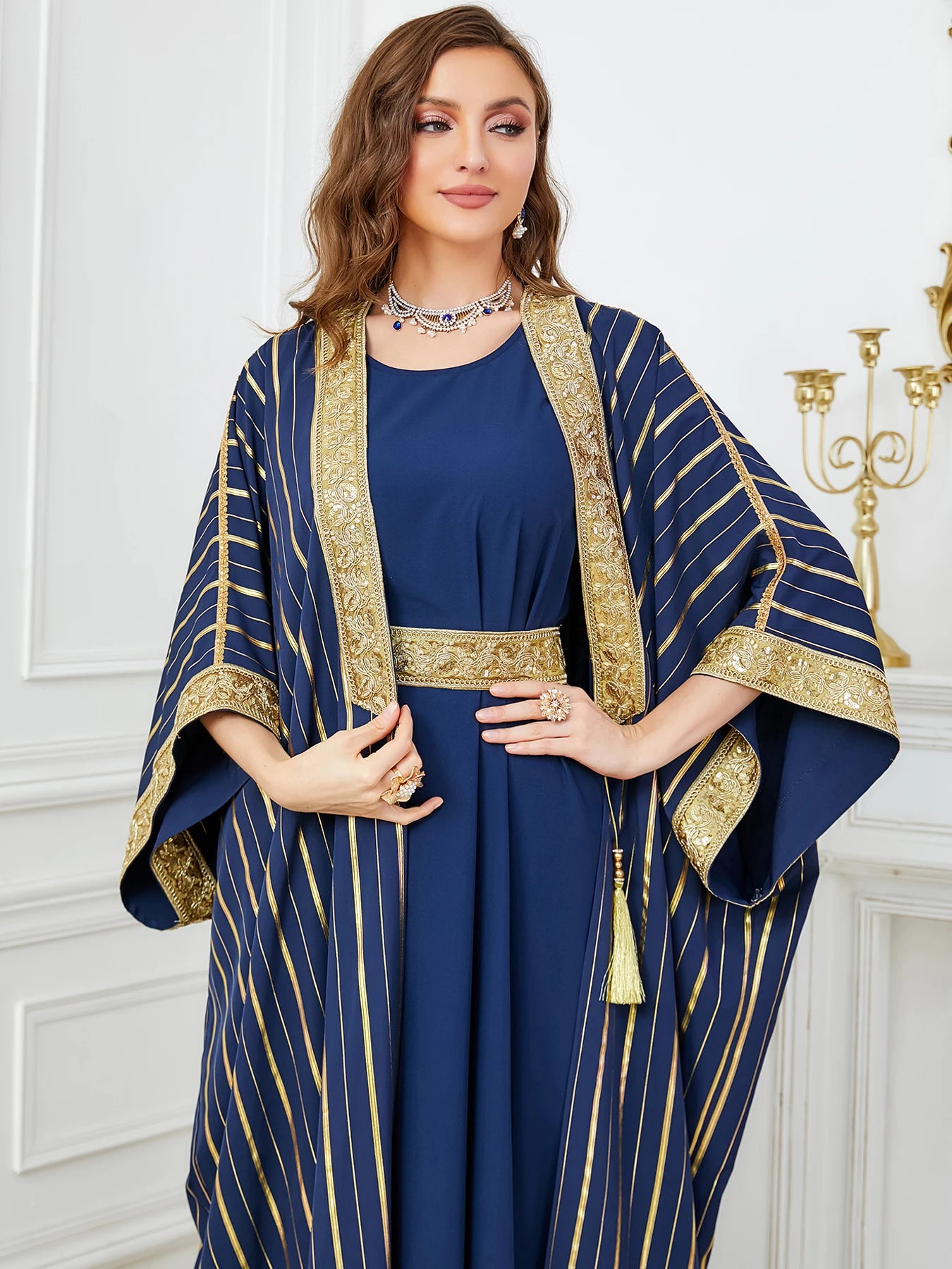 Autumn Muslim Dress for Women Abaya 2 Piece Set Half Sleeve Caftan Morocco Dubai Arab Party Long Dresses Kimono Robe 2023