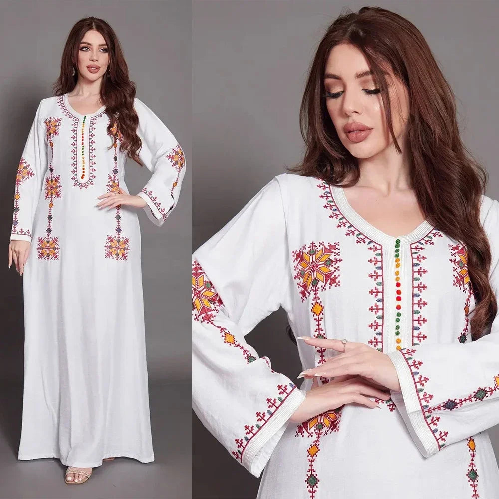 Muslim Cotton Abaya Colorful Embroidery Floral Dress Loose Long Djellaba Ramadan Gown Women Ethnic Kaftan Turkey Arab Robe