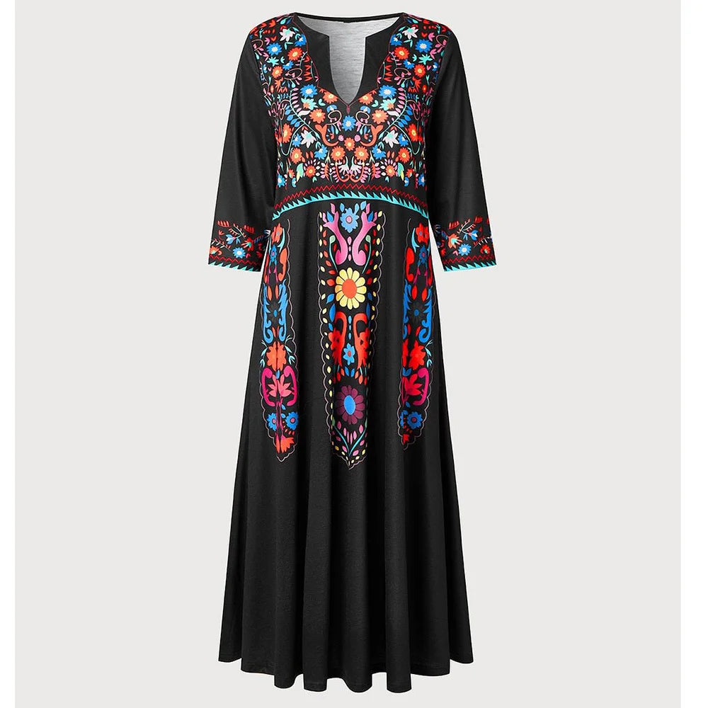 New Women's V-neck Pocket Bohemian Printed 3/4 Sleeve Dress for Women