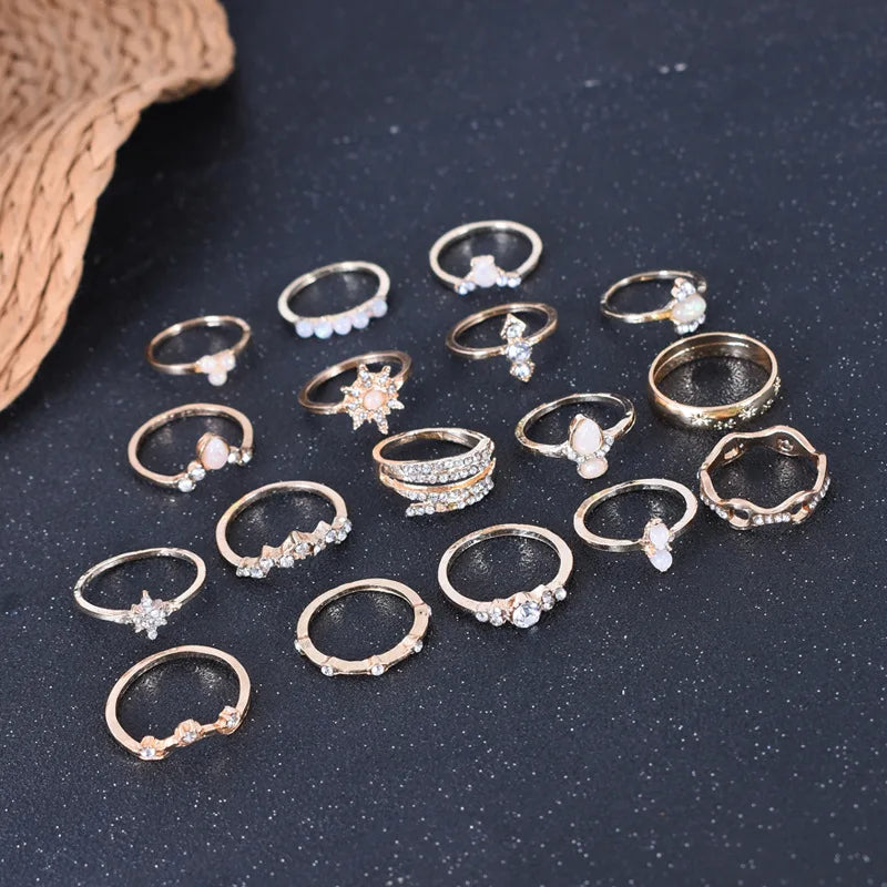 2024 New Bohemian 17 Pieces Ring Set for Women Inlaid Rhinestone Metal Ring Luxury Design Fashion Charm Jewelry Party Gifts