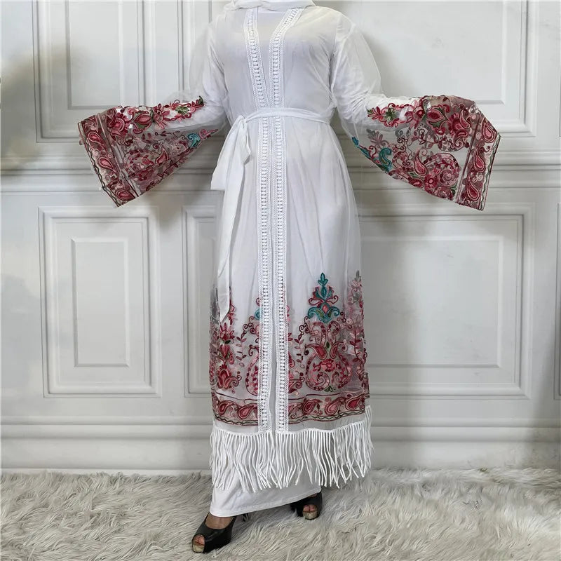 Dubai Mesh Embroidered Maxi Dress Women Tassel Open Abaya Muslim Party Gown Islamic Caftan Moroccan Kaftan Eid Ramadan Caftan