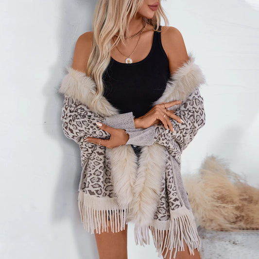 Leopard Print Fur Collar Knitted Shawl 2024 Autumn Winter Loose Bat Sleeves Tassel Sweater Cape Cardigan for Women