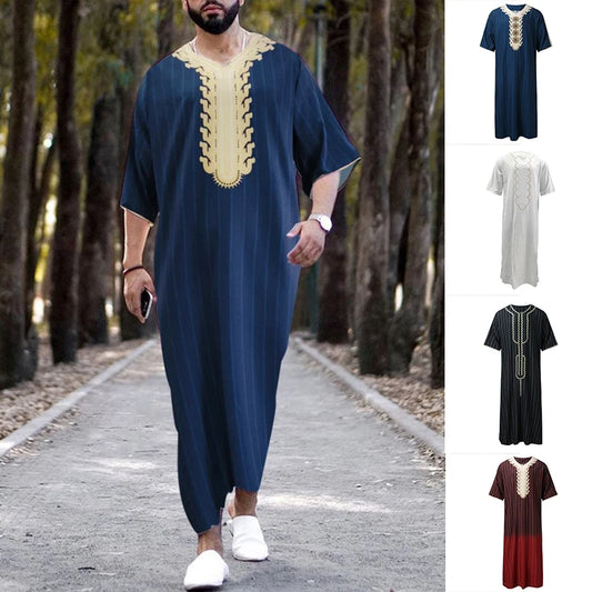 2023 Muslim Men's Robe Arab National Loose Casual V-Neck Mid Sleeve Retro Muslim Men's Jumpsuit Summer M-4XL