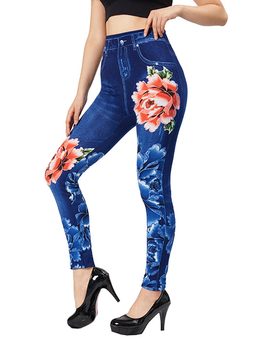 Leggings CUHAKCI Blue Red Flower Print Fake Pockets Jeans Stretch False Jeggings Women Slim Fit Leggings Plus Size Imitation Denim Pants