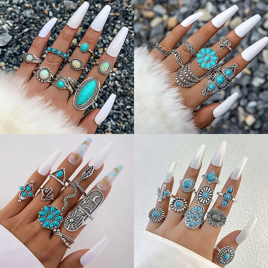 Vintage Green Stone Geometric Rings Set For Women Retro Silver Color Opal Kunckle Ring Female Bohemian Jewelry