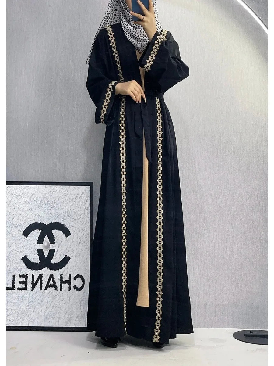 Women Eid Muslim Dubai Cardigan Embroidery Abayas Ramadan Saudi Arabia  Abaya  Vestidos Modest Long Robe Patchwork Belt