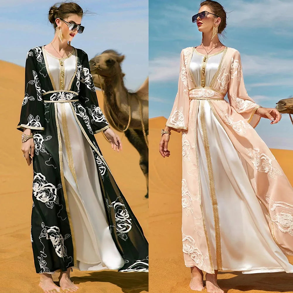 2 Pieces Set Open Abaya Embroidery Sleeveless Maxi Dress Outfits Muslim Women Kimono Jalabiya Belted Kaftan Dubai Turkey Robe