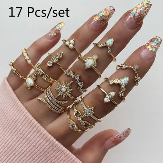 2024 New Bohemian 17 Pieces Ring Set for Women Inlaid Rhinestone Metal Ring Luxury Design Fashion Charm Jewelry Party Gifts