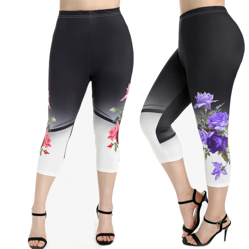 ROSEGAL S-5XL Plus Size Women's Skinny Leggings Fashion High Waist Rose Print Capri Jeggings Daily Running Sports Fitness Pants