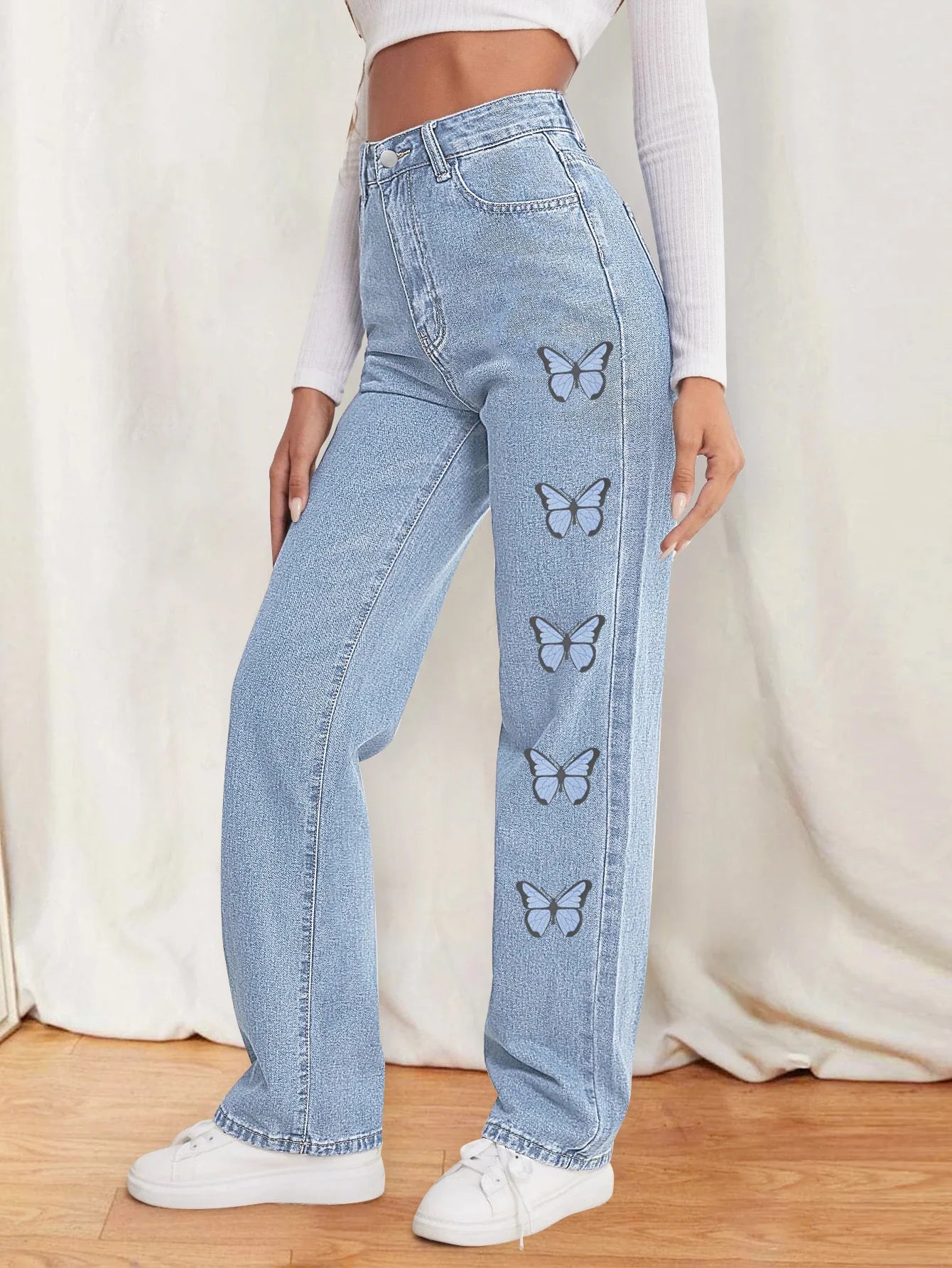 Butterfly printed women's jeans straight pants