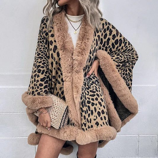 Sueter Mujer Invierno 2024 Fashion Poncho Women Fur Collar Spliced Leopard Cloak Knitted Cardigan Korean Oversized Coat KCR2048