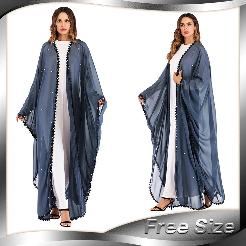 The new fashion trend for Muslim women Open abaya Dubai Eid lace sewn beaded clothing African Islamic lace-up loose abaya