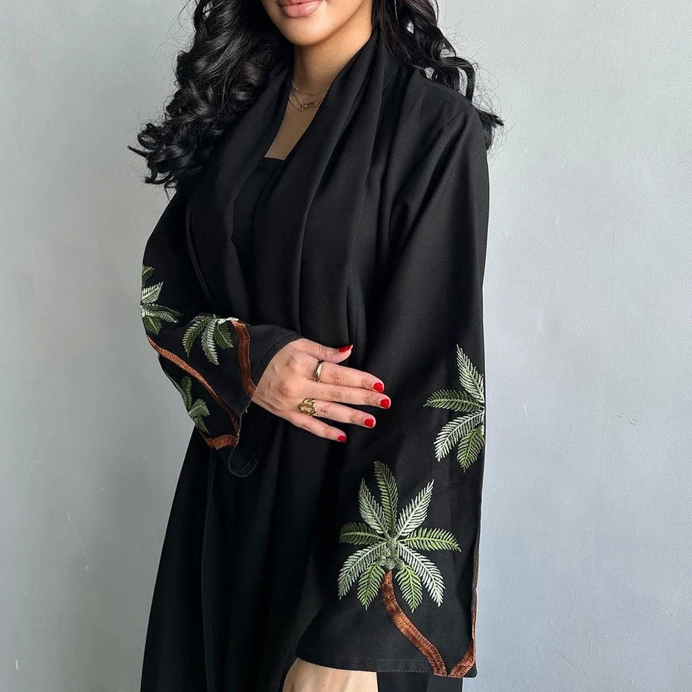 New 2024 Black Casual Open Kimono Abaya For Muslim Women Ramadan Eid Jalabiya Embroidery Long Sleeve African Moroccan Robe