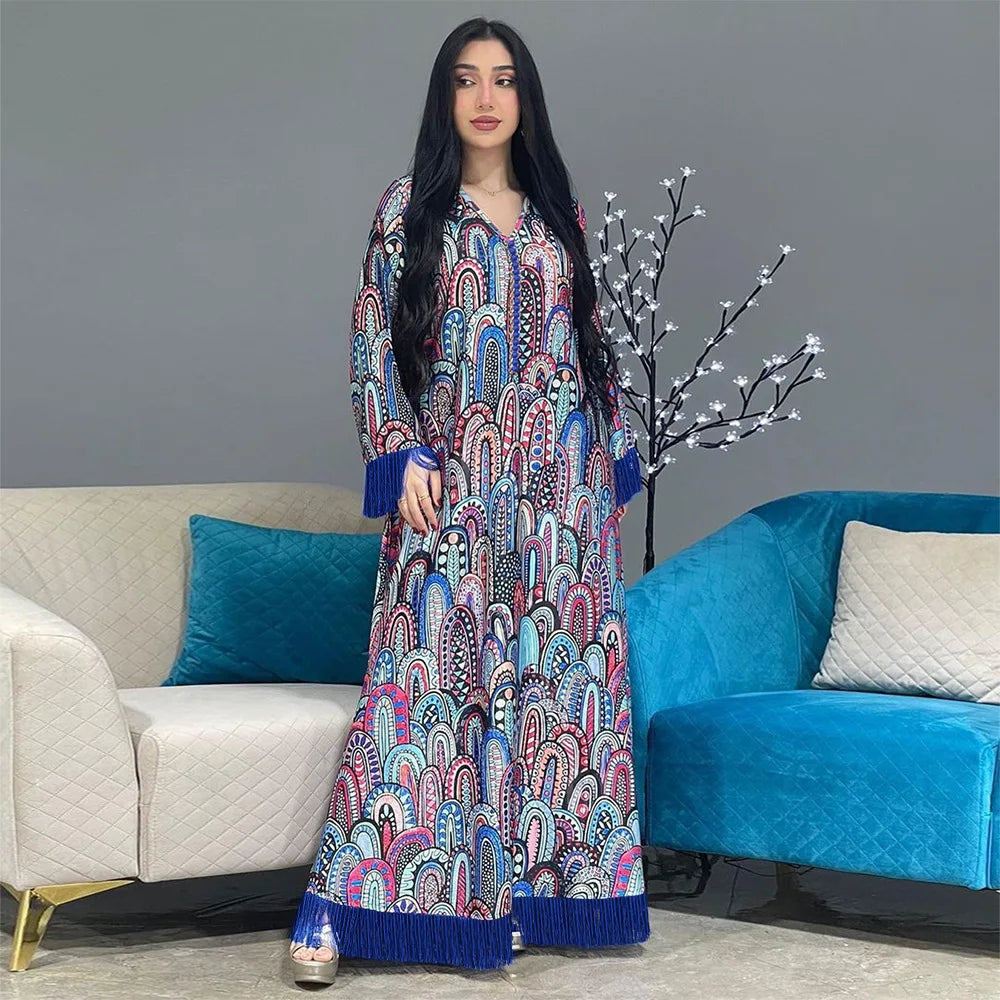 Muslim modest Abayas Dress Vintage Floral Print v-neck buttons Long Dresses  Kaftan Ramadan Woman Clothes robe femme 500158