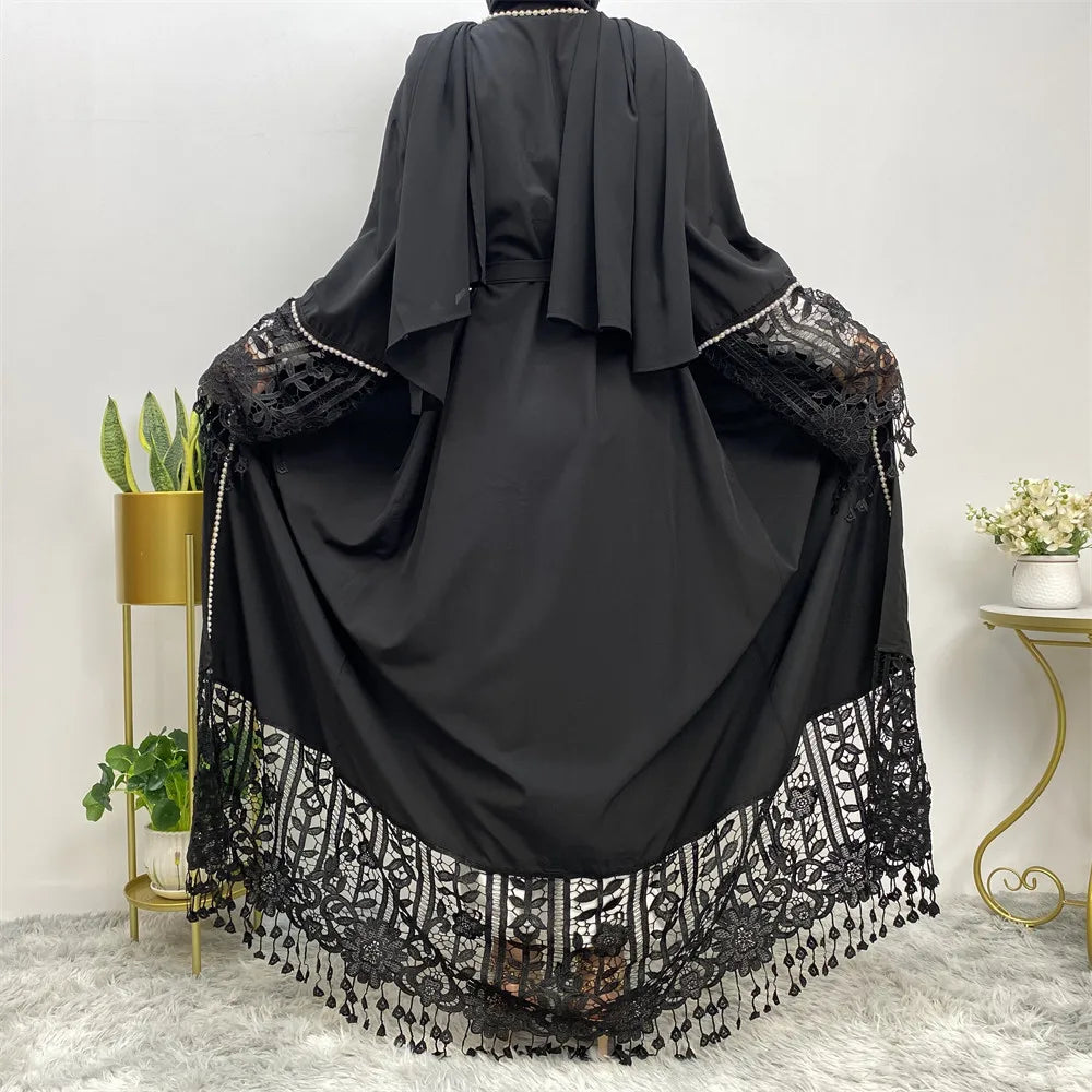 Eid Black Tassel Lace Open Abaya Women Muslim Dress Ramadan Kimono Cardigan Belted Islam Clothing Dubai Kaftan Turkey Robe Gown