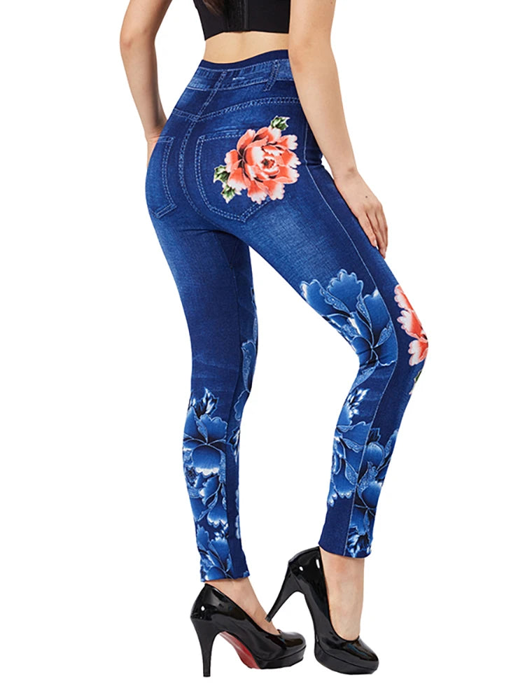 Leggings CUHAKCI Blue Red Flower Print Fake Pockets Jeans Stretch False Jeggings Women Slim Fit Leggings Plus Size Imitation Denim Pants