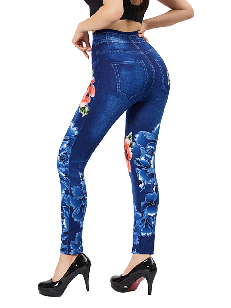 Leggings CUHAKCI Blue Red Flower Print Fake Pockets Jeans Stretch False Jeggings Women Slim Fit Leggings Plus Size Imitation Denim Pants