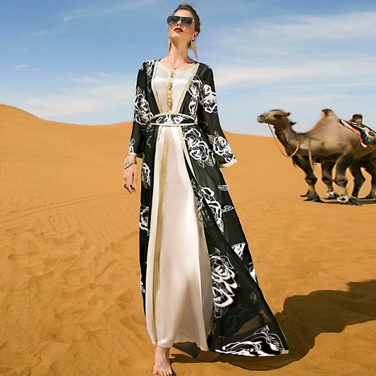 2 Pieces Set Open Abaya Embroidery Sleeveless Maxi Dress Outfits Muslim Women Kimono Jalabiya Belted Kaftan Dubai Turkey Robe