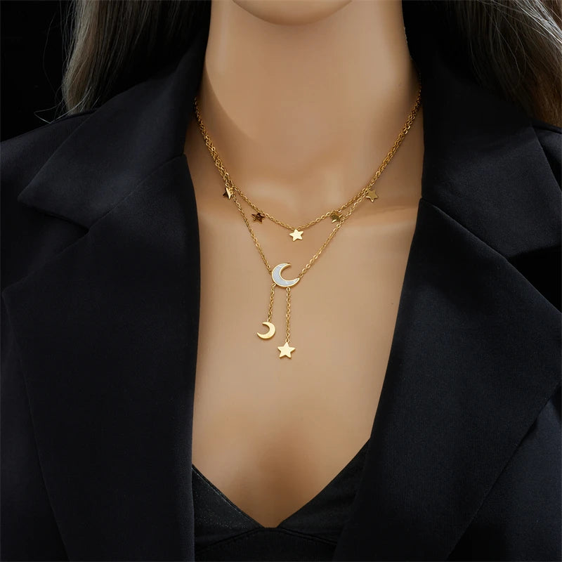 DIEYURO 316L Stainless Steel Star Moon Long Pendant Necklace For Women New Fashion Girls Multilayer Clavicle Chain Jewelry Gifts