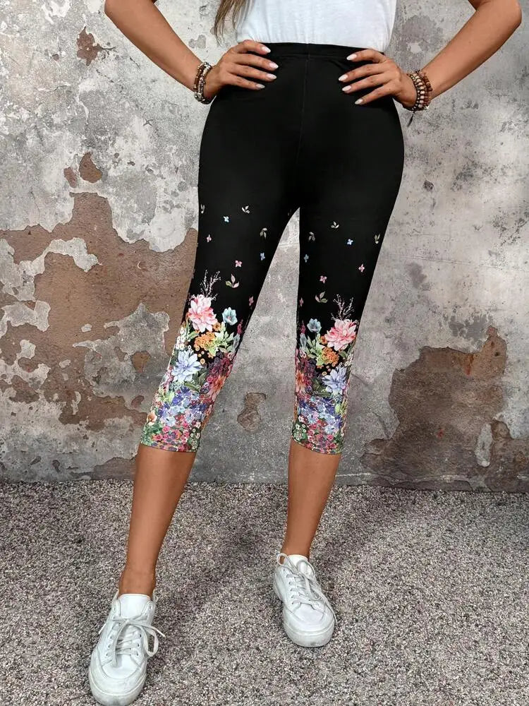 Floral print elastic elastic waist slim-fit women's leggings casual skinny capri pants