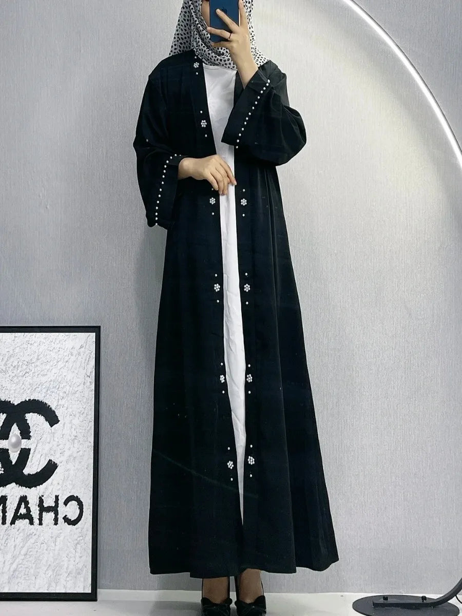 Women Eid Muslim Abaya Modest Belt Long Robe Pearls Loose Ramadan Morocco Dubai Cardigan Beading Abayas Kaftan Vestidos 2024