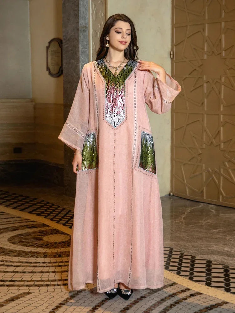 Eid Muslim Party Dress for Women Abaya Sequins Maxi Evening Long Dresses Jalabiya  Dubai Abayas Kaftan Vestidos Long Robe