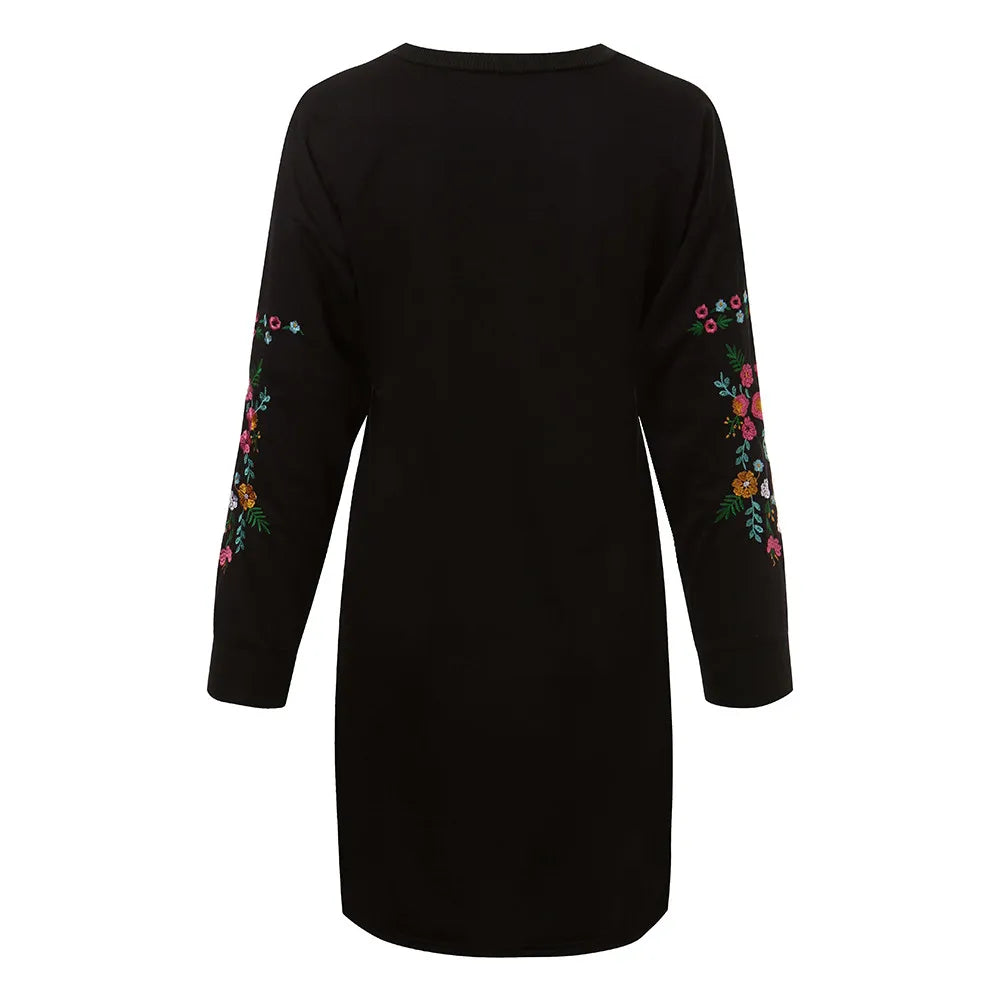 Women Autumn Winter Casual Long Sleeve Floral Embroidery Sweatshirt Dress