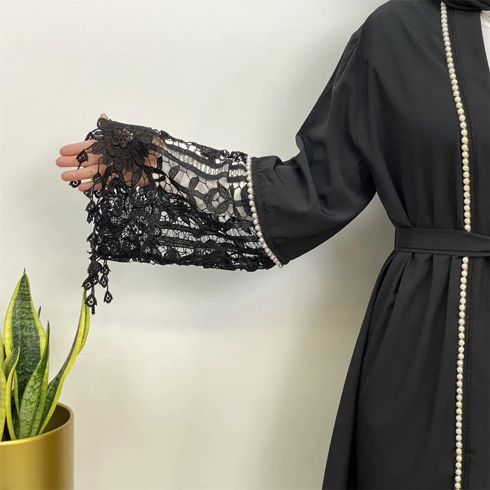 Eid Black Tassel Lace Open Abaya Women Muslim Dress Ramadan Kimono Cardigan Belted Islam Clothing Dubai Kaftan Turkey Robe Gown