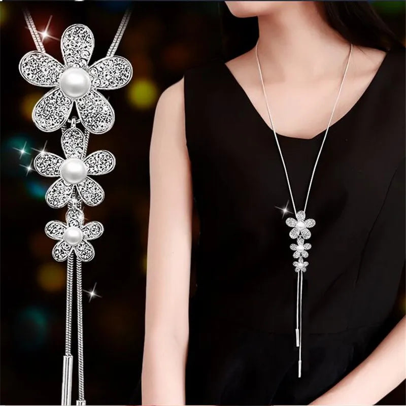 Women Pendant Necklaces Hollow Leaves Flower Crystal Sweater Chain Crystal Long  Tassel Necklace Accessories