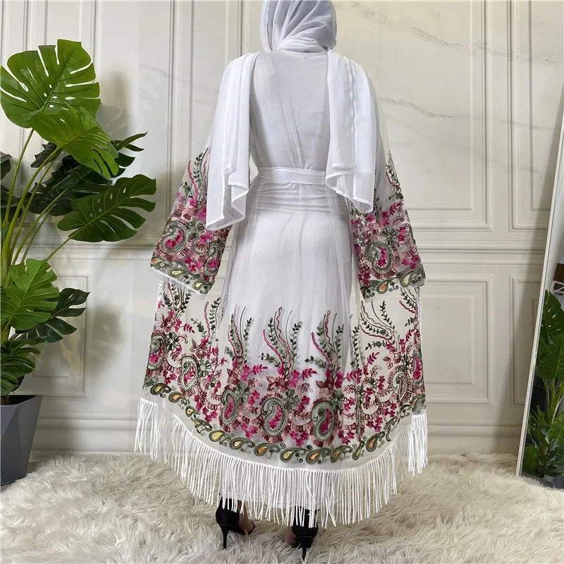 Dubai Mesh Embroidered Maxi Dress Women Tassel Open Abaya Muslim Party Gown Islamic Caftan Moroccan Kaftan Eid Ramadan Caftan