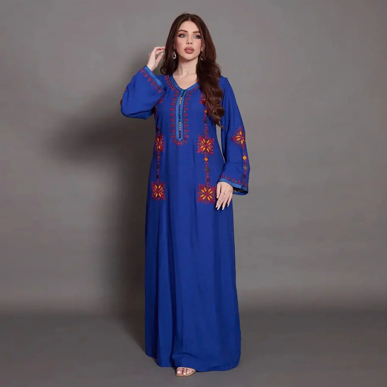 Muslim Cotton Abaya Colorful Embroidery Floral Dress Loose Long Djellaba Ramadan Gown Women Ethnic Kaftan Turkey Arab Robe