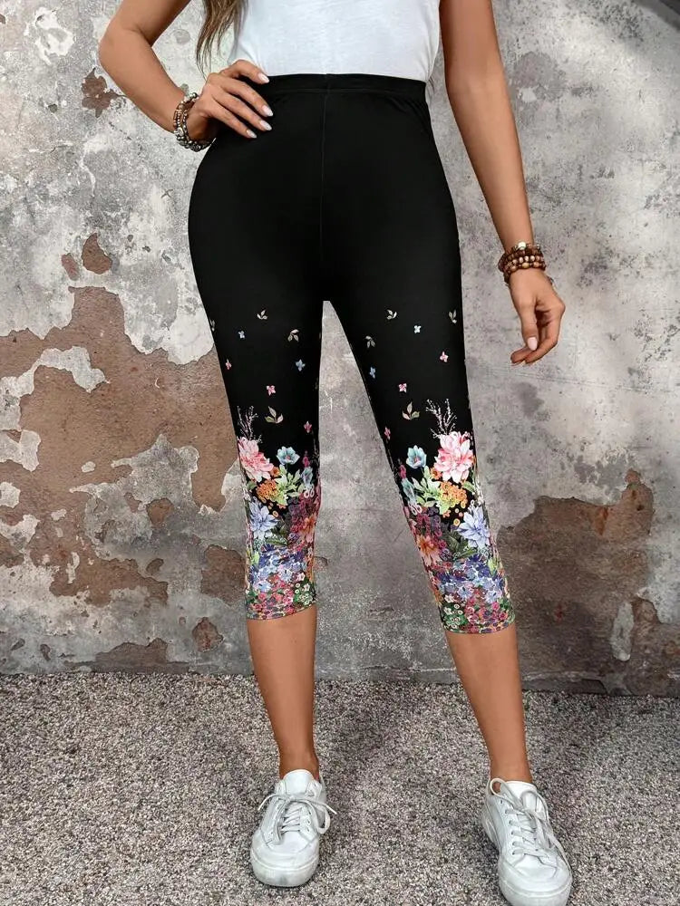 Floral print elastic elastic waist slim-fit women's leggings casual skinny capri pants