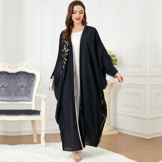 muslim dresses for women robe femme New autumn long-sleeved patchwork bat-sleeve slim black open abaya women 3276