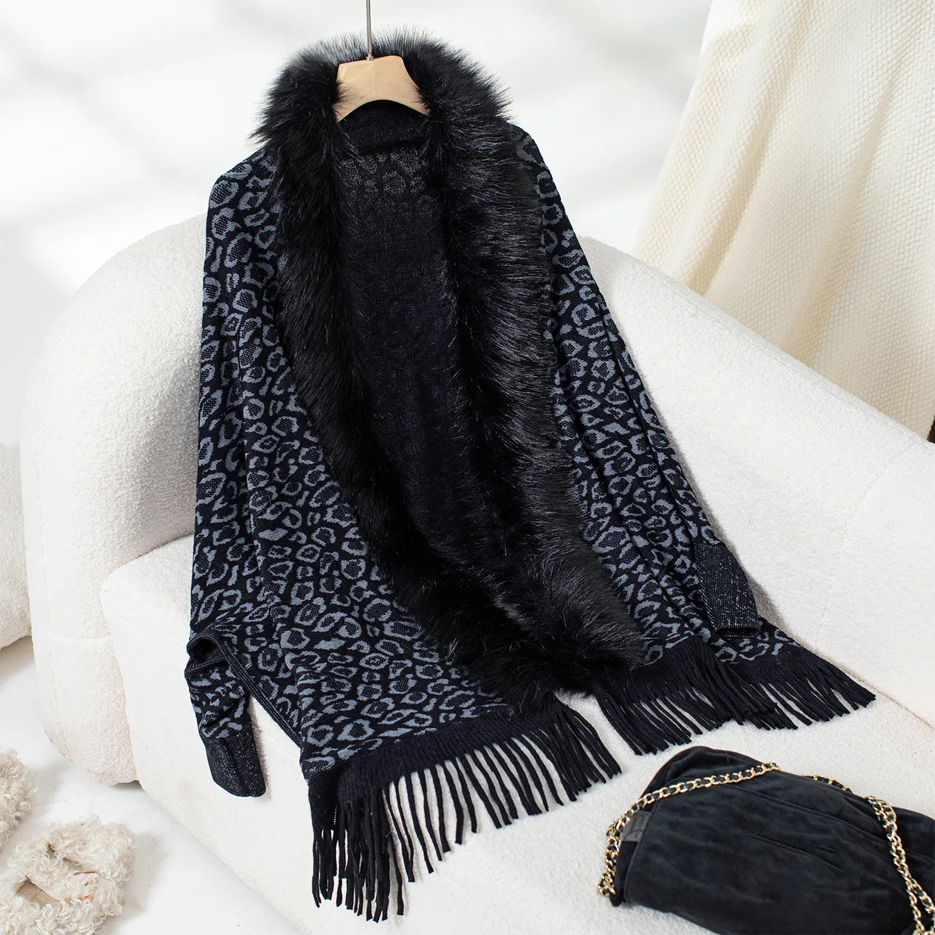 Leopard Print Fur Collar Knitted Shawl 2024 Autumn Winter Loose Bat Sleeves Tassel Sweater Cape Cardigan for Women