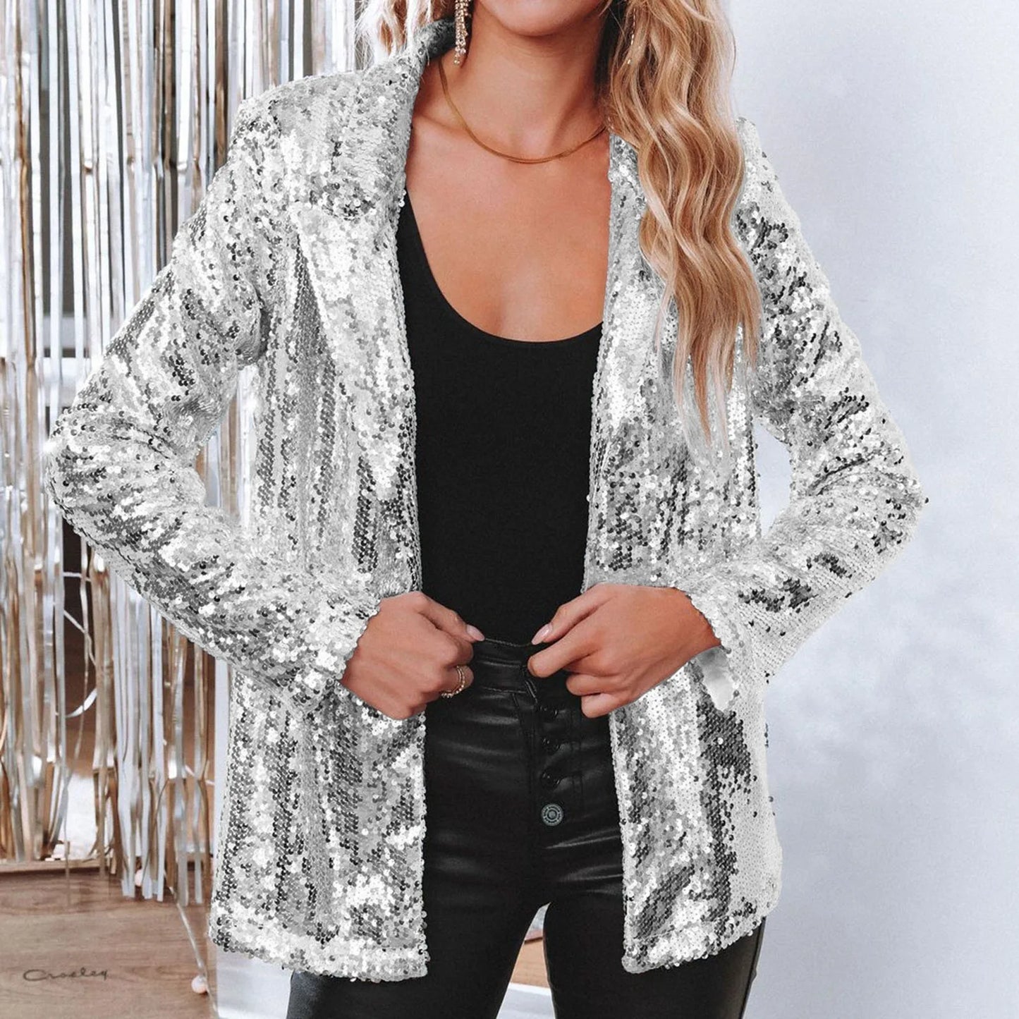 Women Sequins Sequin Jacket Casual Long Sleeve Glitter Party Shiny Lapel Coat Vintage Lapel Sequins Jackets Club Party Wear