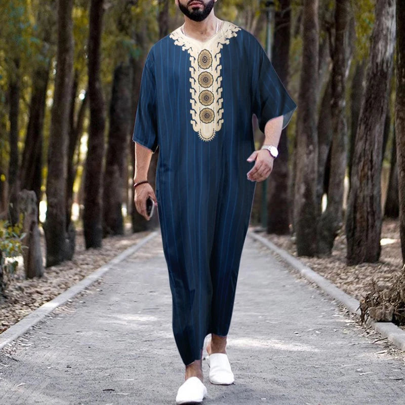 2023 Muslim Men's Robe Arab National Loose Casual V-Neck Mid Sleeve Retro Muslim Men's Jumpsuit Summer M-4XL