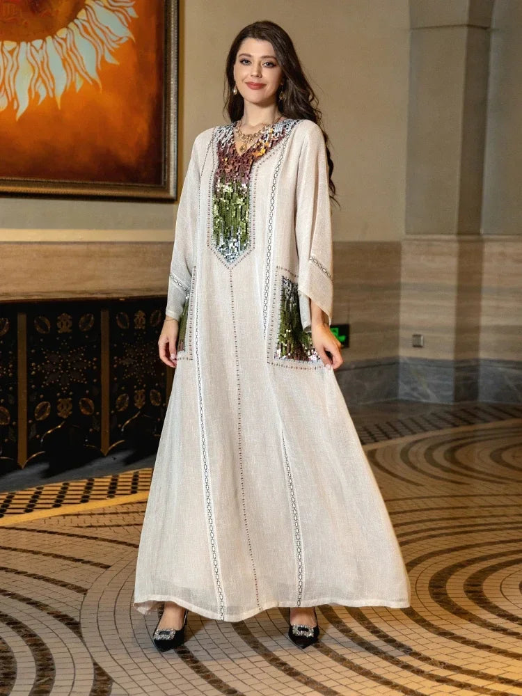 Eid Muslim Party Dress for Women Abaya Sequins Maxi Evening Long Dresses Jalabiya  Dubai Abayas Kaftan Vestidos Long Robe